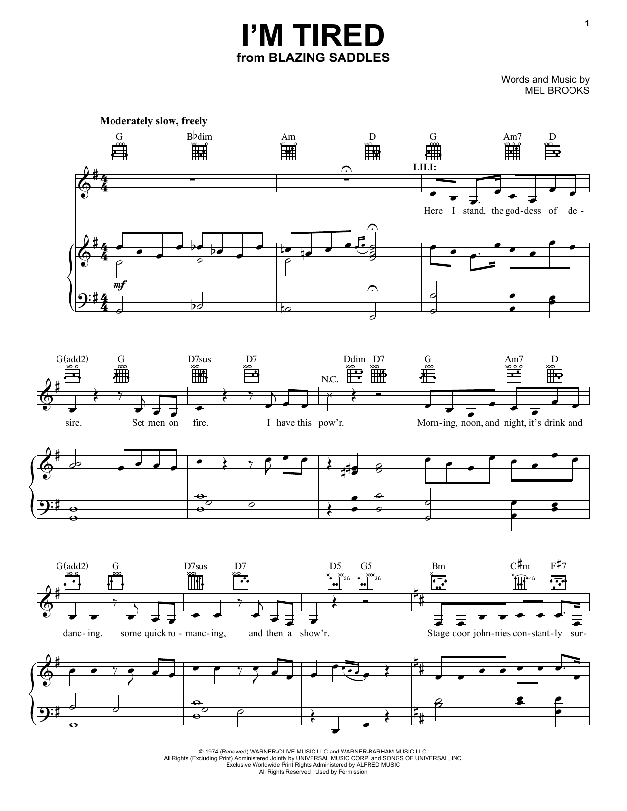 Mel Brooks I'm Tired (from Blazing Saddles) sheet music notes and chords arranged for Piano, Vocal & Guitar Chords (Right-Hand Melody)