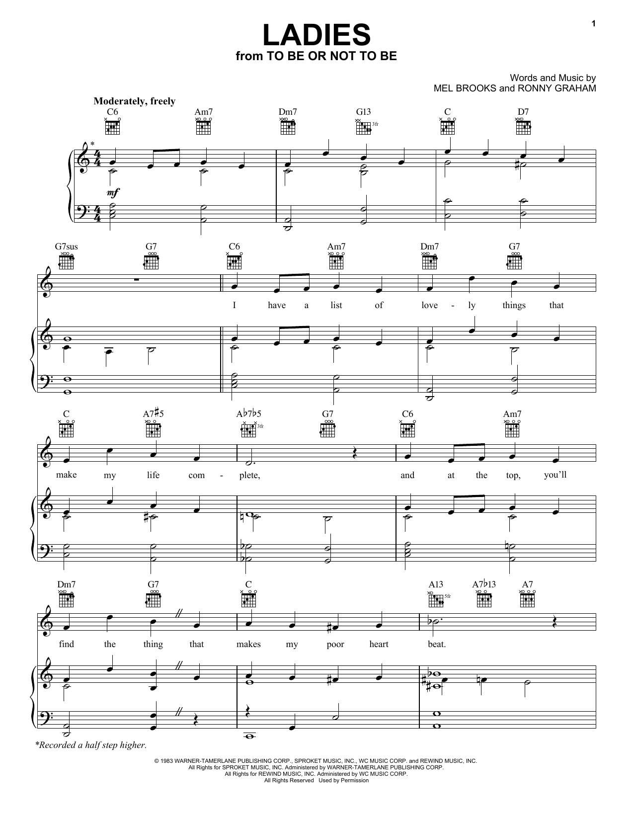 Mel Brooks Ladies (from To Be Or Not To Be) sheet music notes and chords arranged for Piano, Vocal & Guitar Chords (Right-Hand Melody)