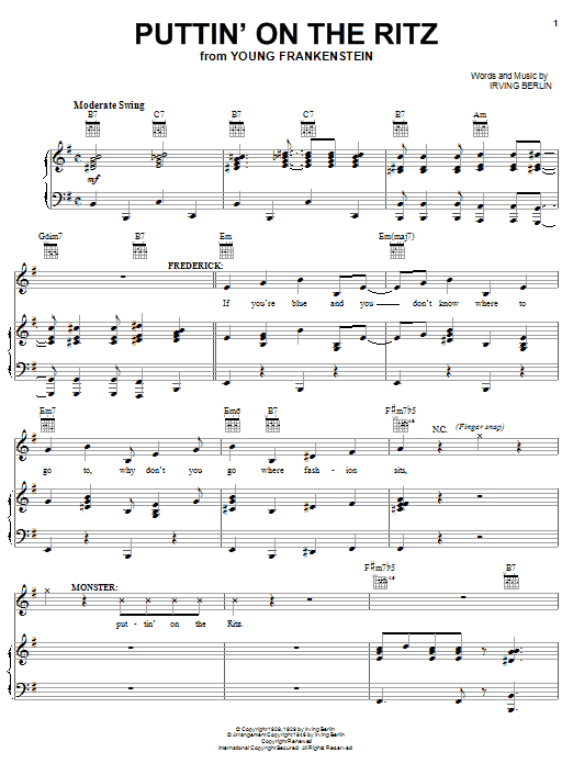 Mel Brooks Puttin' On The Ritz sheet music notes and chords arranged for Piano, Vocal & Guitar Chords (Right-Hand Melody)