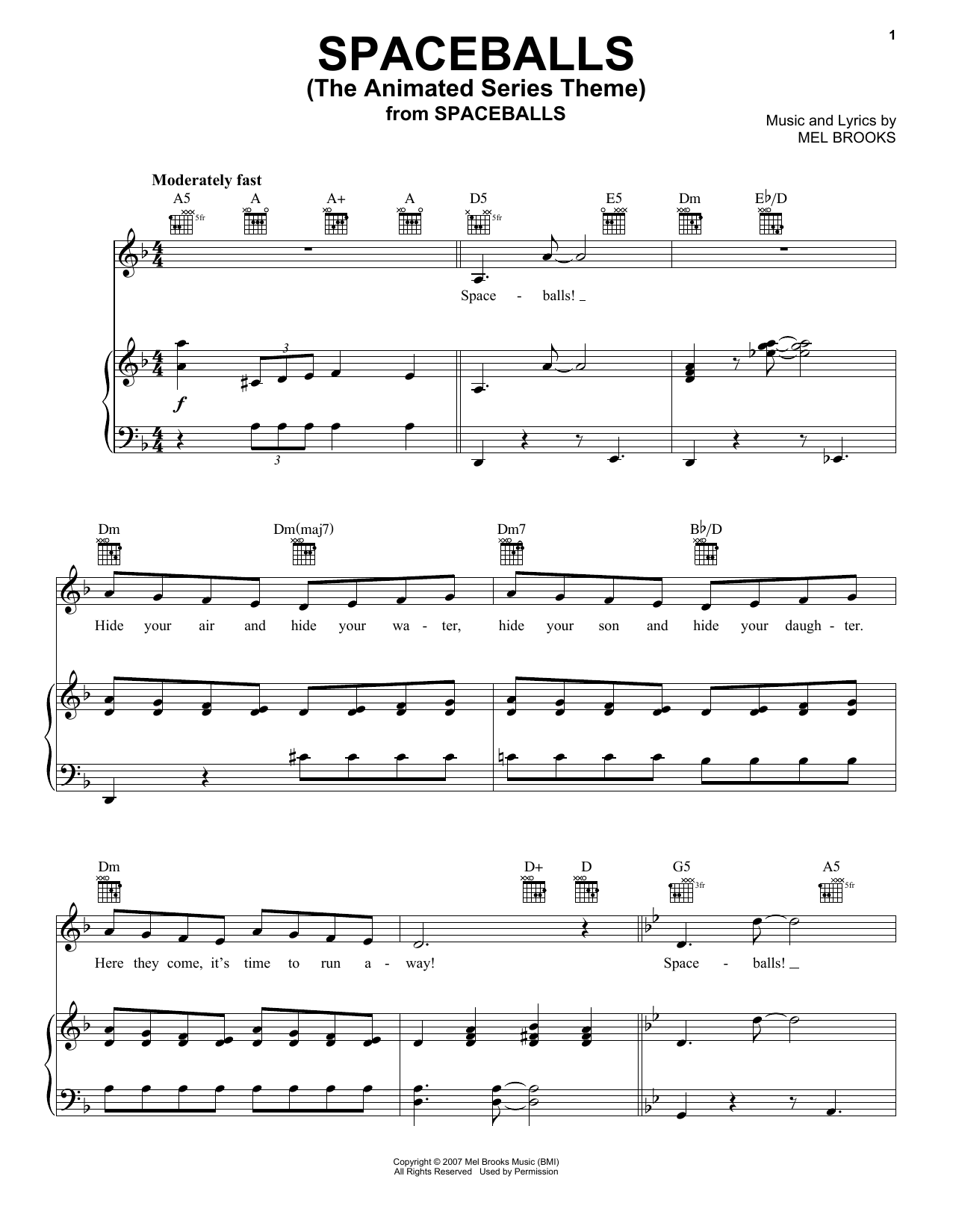 Mel Brooks Spaceballs (The Animated Series Theme) (from Spaceballs) sheet music notes and chords arranged for Piano, Vocal & Guitar Chords (Right-Hand Melody)