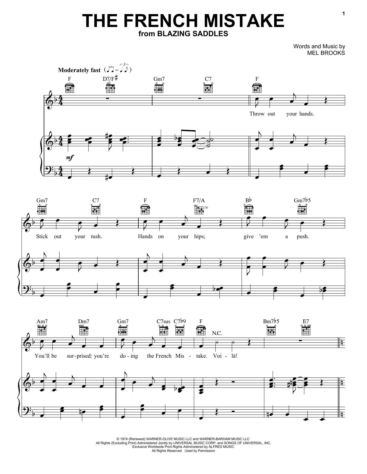 Mel Brooks The French Mistake (from Blazing Saddles) sheet music notes and chords arranged for Piano, Vocal & Guitar Chords (Right-Hand Melody)
