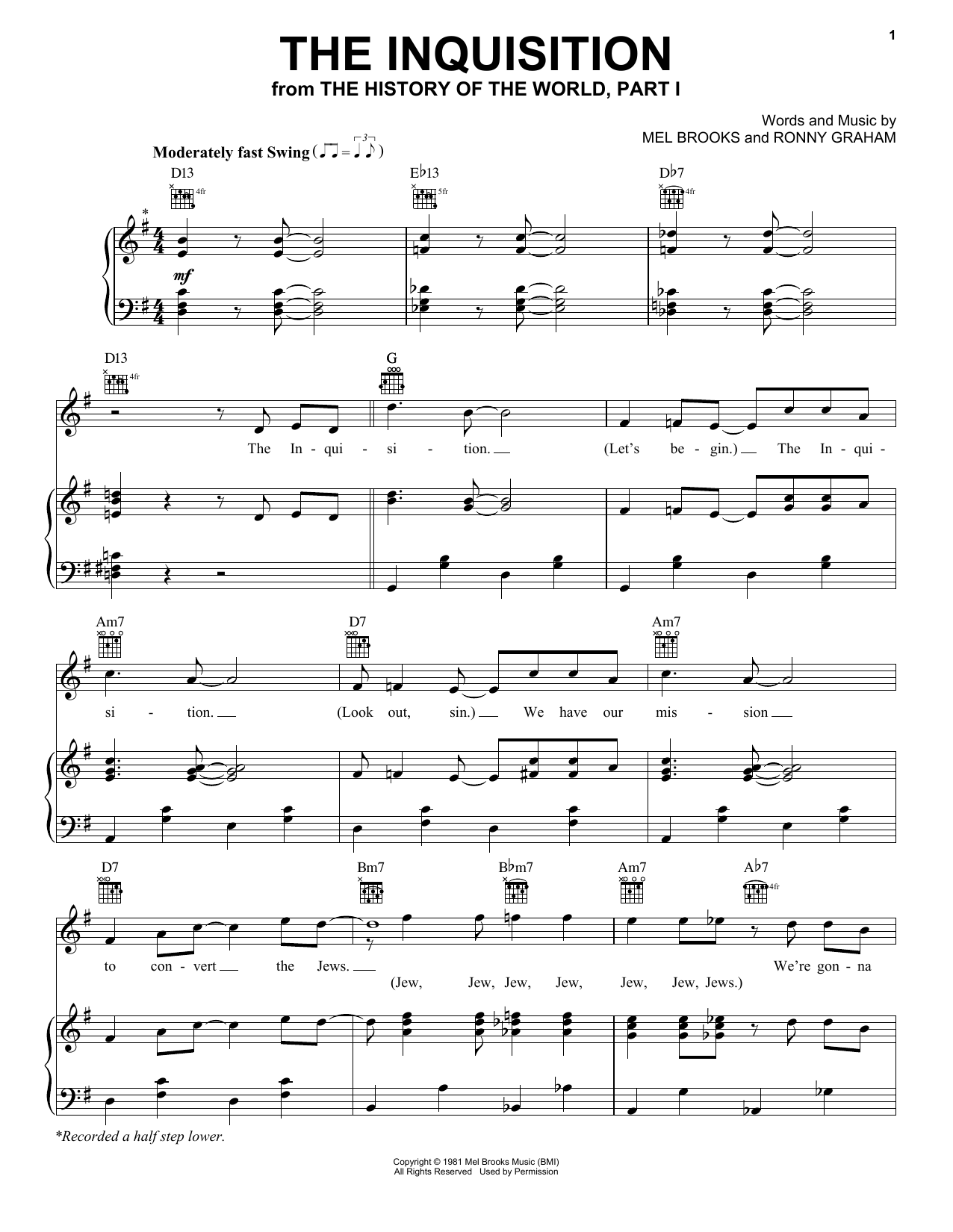 Mel Brooks The Inquisition (from The History Of The World, Part I) sheet music notes and chords arranged for Piano, Vocal & Guitar Chords (Right-Hand Melody)