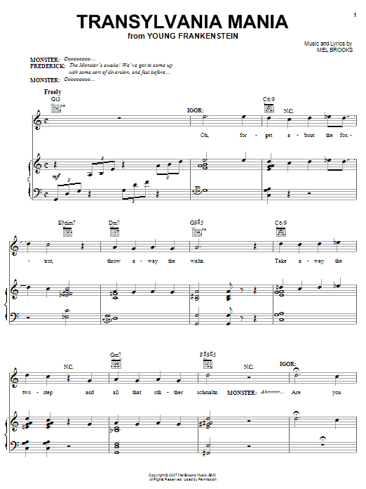 Mel Brooks Transylvania Mania sheet music notes and chords arranged for Piano, Vocal & Guitar Chords (Right-Hand Melody)