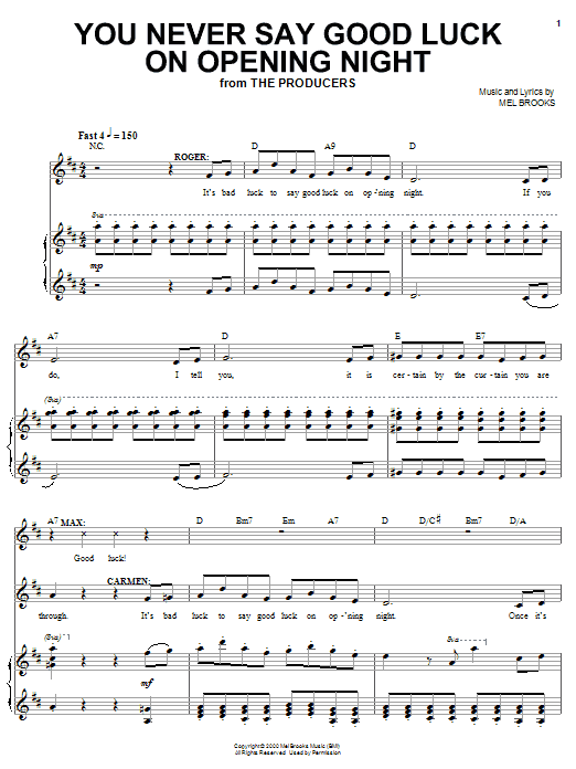 Mel Brooks You Never Say Good Luck On Opening Night sheet music notes and chords arranged for Piano, Vocal & Guitar Chords (Right-Hand Melody)