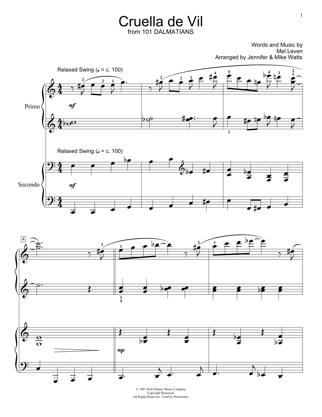 Mel Leven Cruella De Vil (from 101 Dalmations) (arr. Jennifer and Mike Watts) sheet music notes and chords arranged for Piano Duet