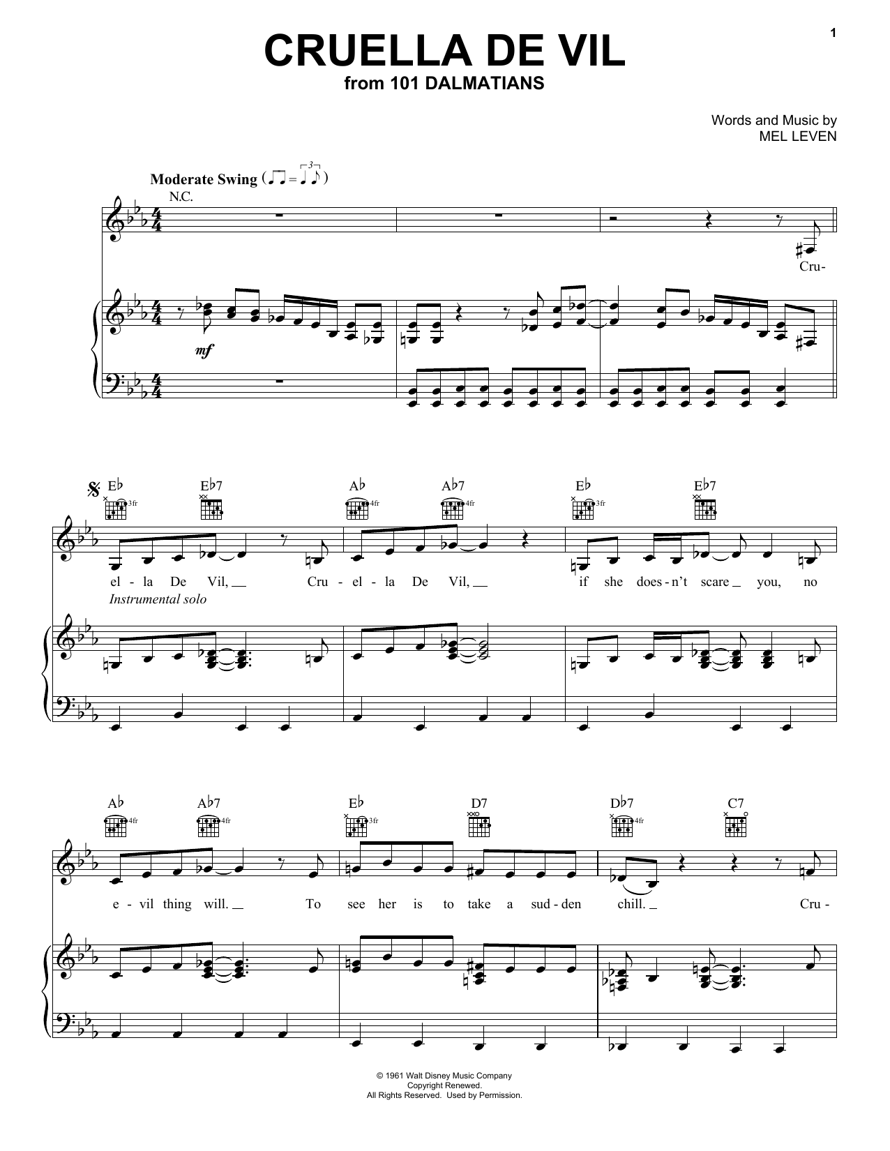 Mel Leven Cruella De Vil (from 101 Dalmations) sheet music notes and chords arranged for Clarinet Solo