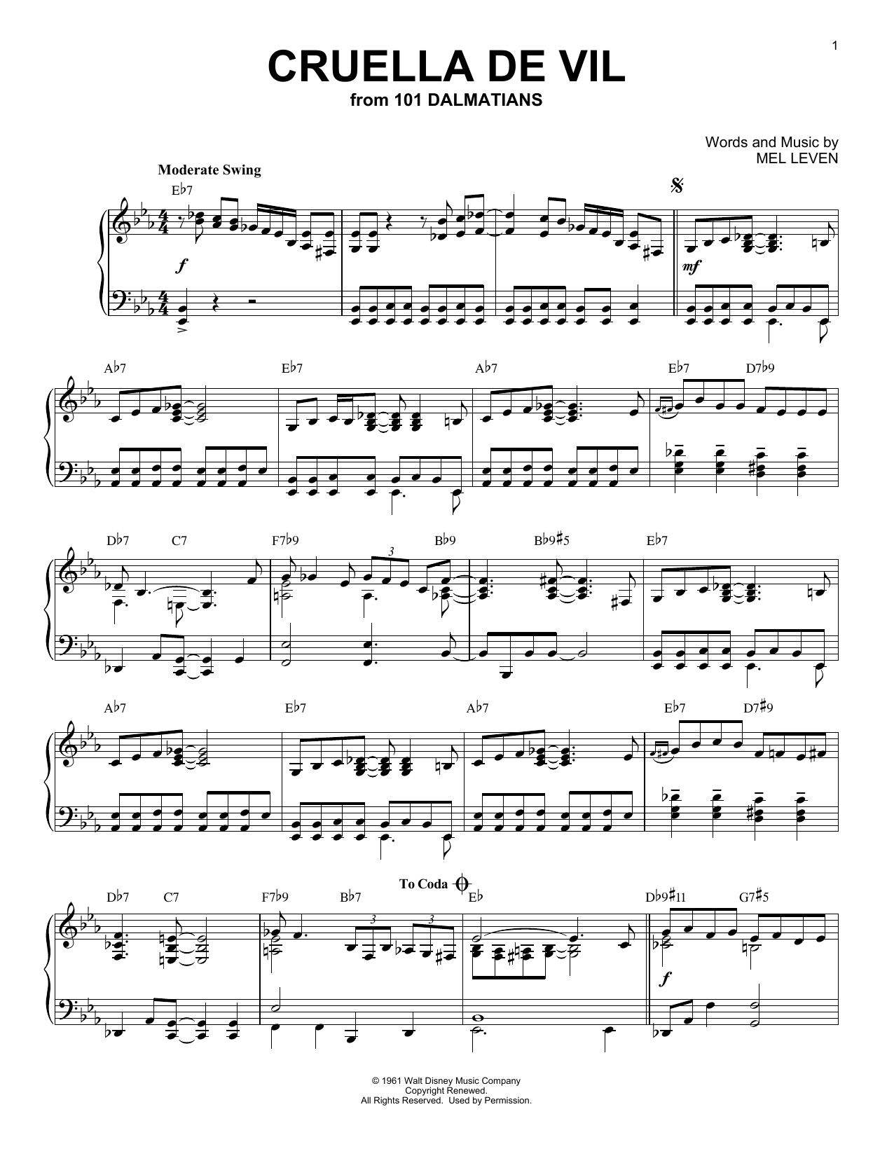 Mel Leven Cruella De Vil [Jazz version] (from 101 Dalmatians) sheet music notes and chords arranged for Piano Solo