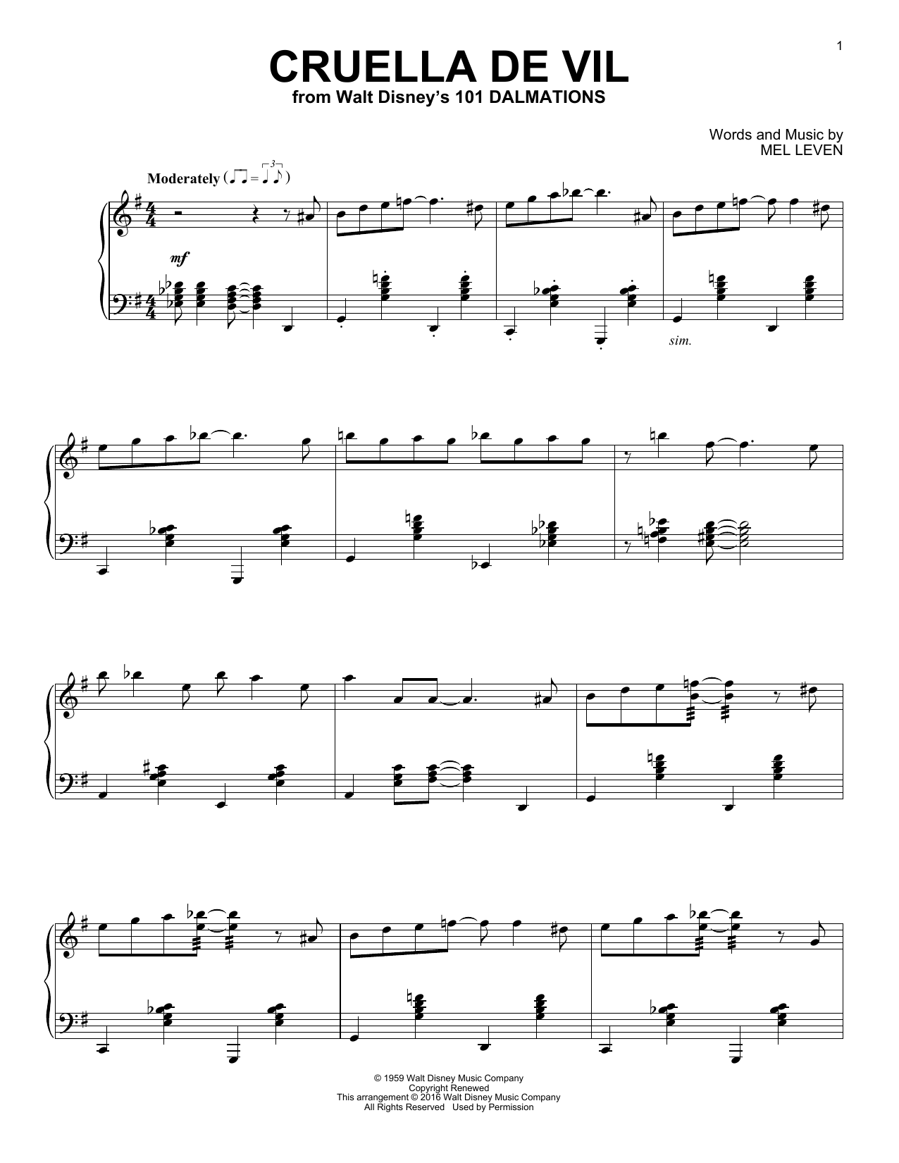 Mel Leven Cruella De Vil [Jazz version] (from 101 Dalmations) sheet music notes and chords arranged for Piano Solo