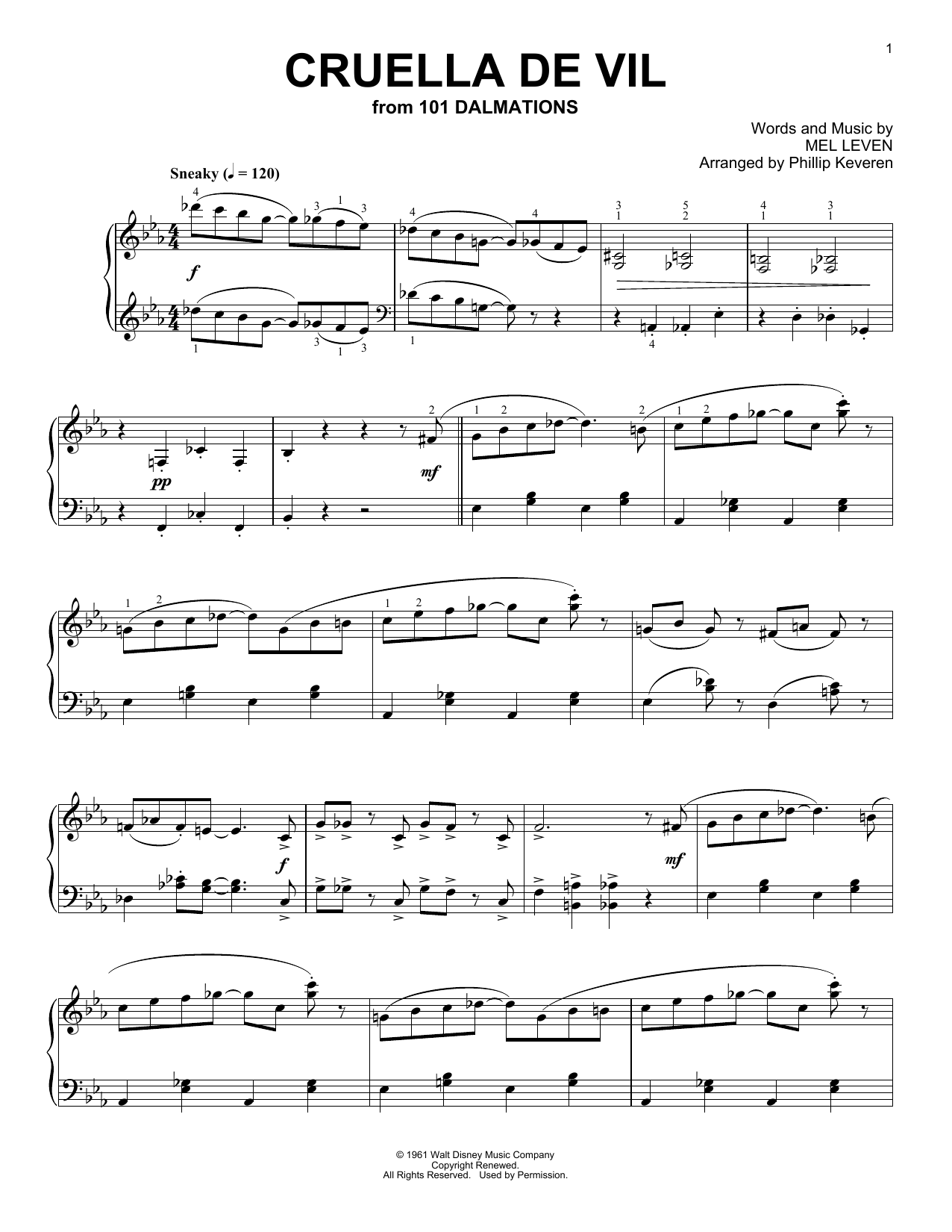 Mel Leven Cruella De Vil [Ragtime version] (from 101 Dalmations) (arr. Phillip Keveren) sheet music notes and chords arranged for Piano Solo