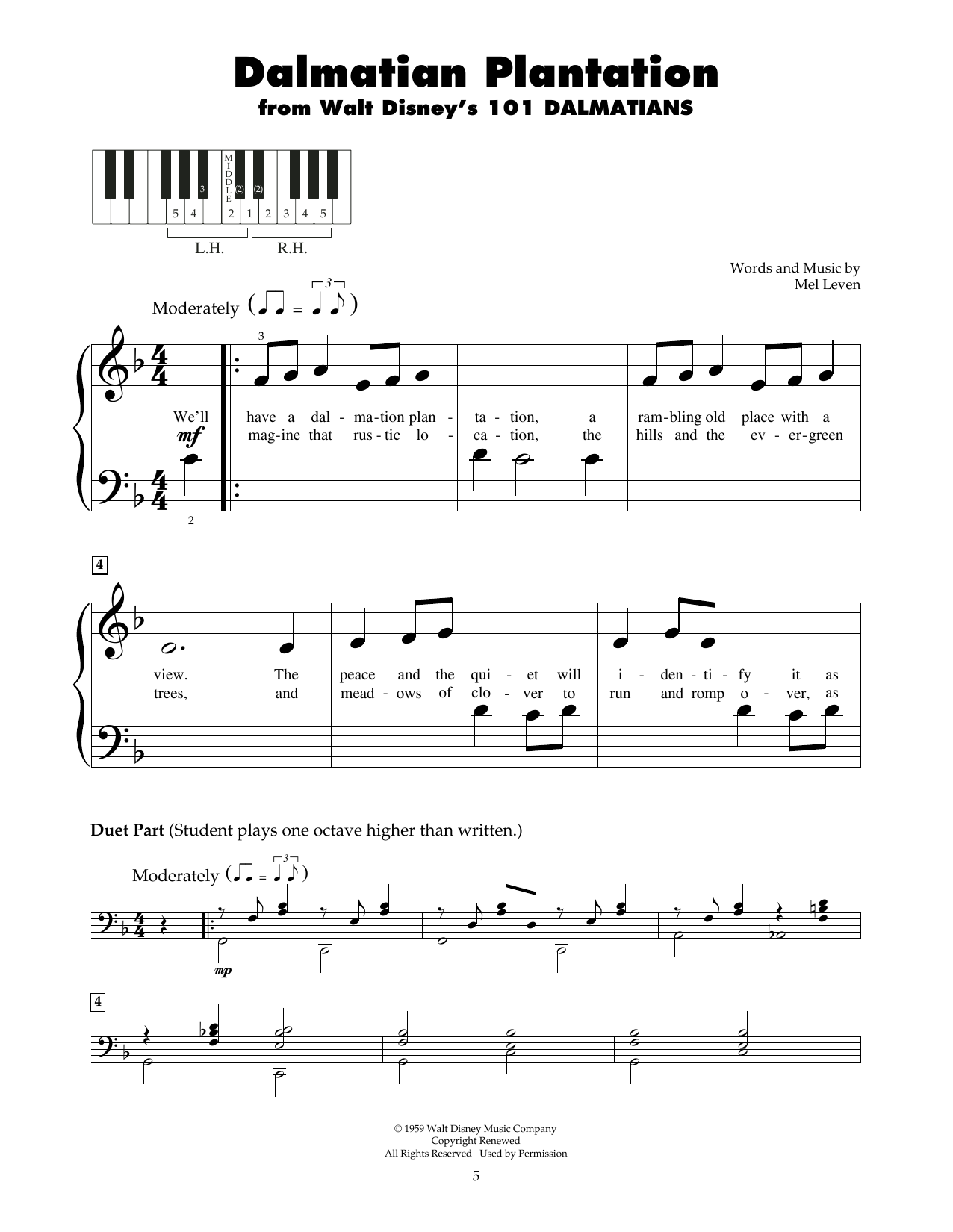 Mel Leven Dalmatian Plantation (from 101 Dalmatians) sheet music notes and chords arranged for 5-Finger Piano