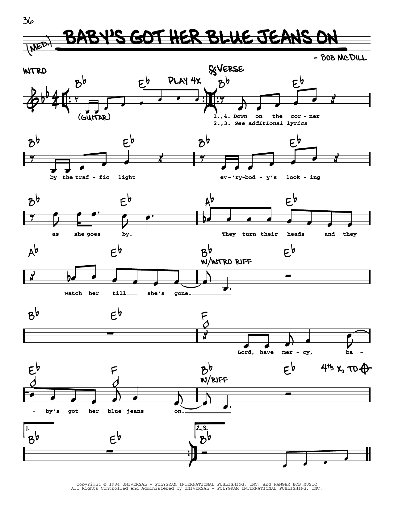 Mel McDaniel Baby's Got Her Blue Jeans On sheet music notes and chords arranged for Easy Guitar
