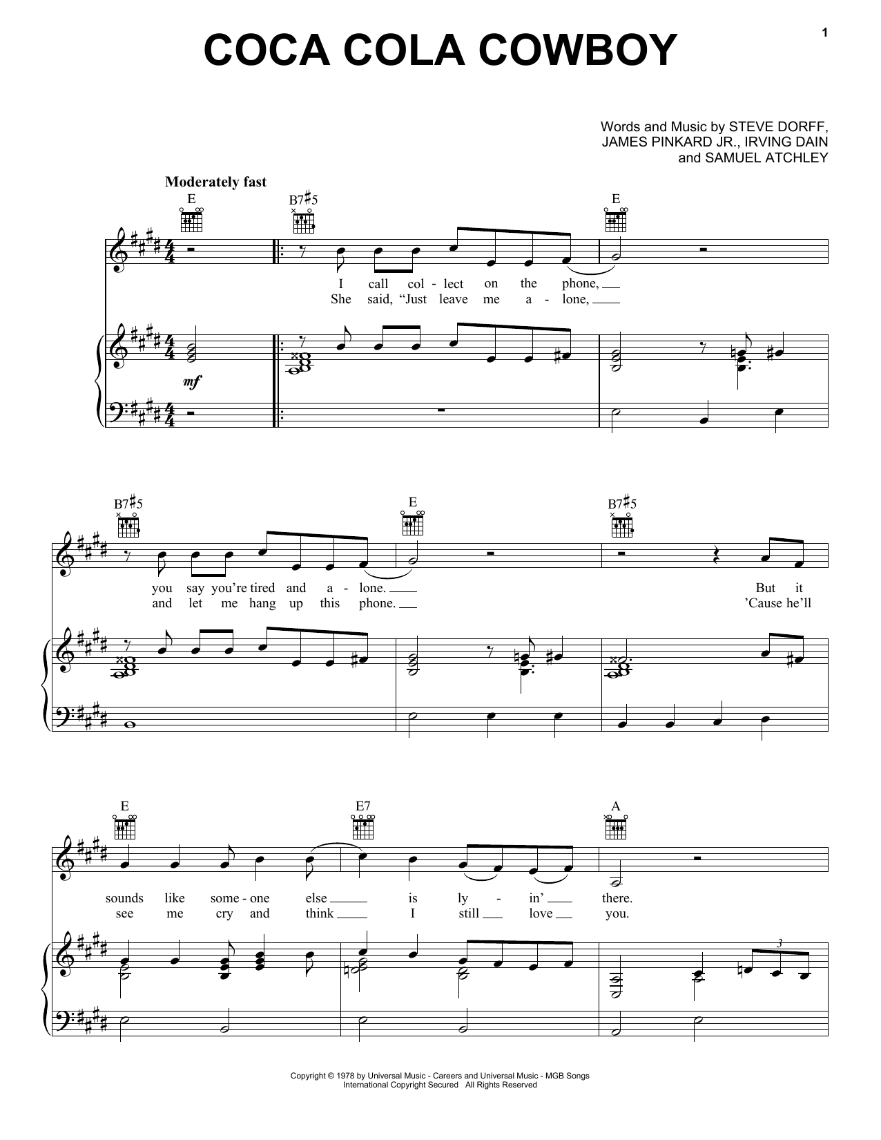 Mel Tillis Coca-Cola Cowboy sheet music notes and chords arranged for Piano, Vocal & Guitar Chords (Right-Hand Melody)