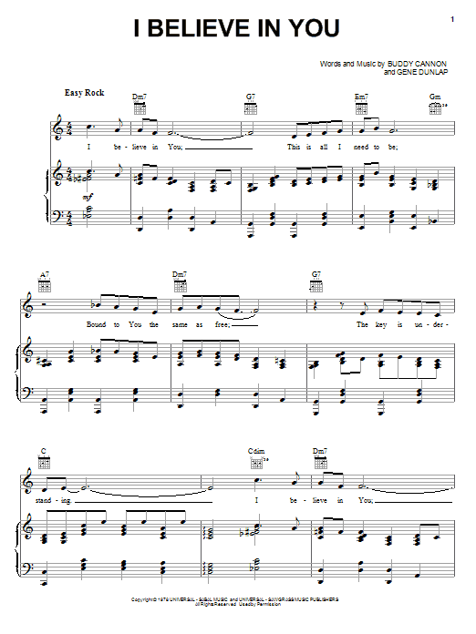 Mel Tillis I Believe In You sheet music notes and chords arranged for Piano, Vocal & Guitar Chords (Right-Hand Melody)