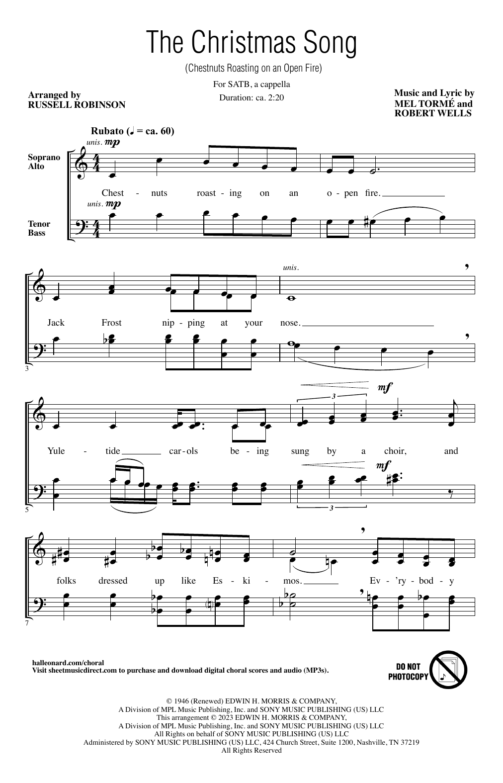 Mel Torme & Robert Wells The Christmas Song (Chestnuts Roasting On An Open Fire) (arr. Russell Robinson) sheet music notes and chords arranged for SATB Choir