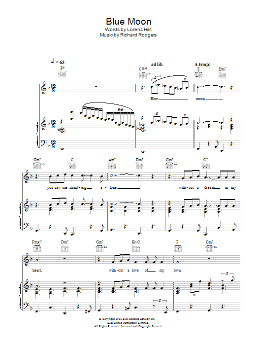 Mel Torme Blue Moon sheet music notes and chords arranged for Piano, Vocal & Guitar Chords