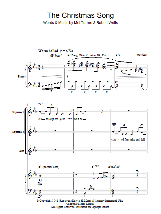 Mel Torme The Christmas Song (Chestnuts Roasting On An Open Fire) (arr. Berty Rice) sheet music notes and chords arranged for SSA Choir