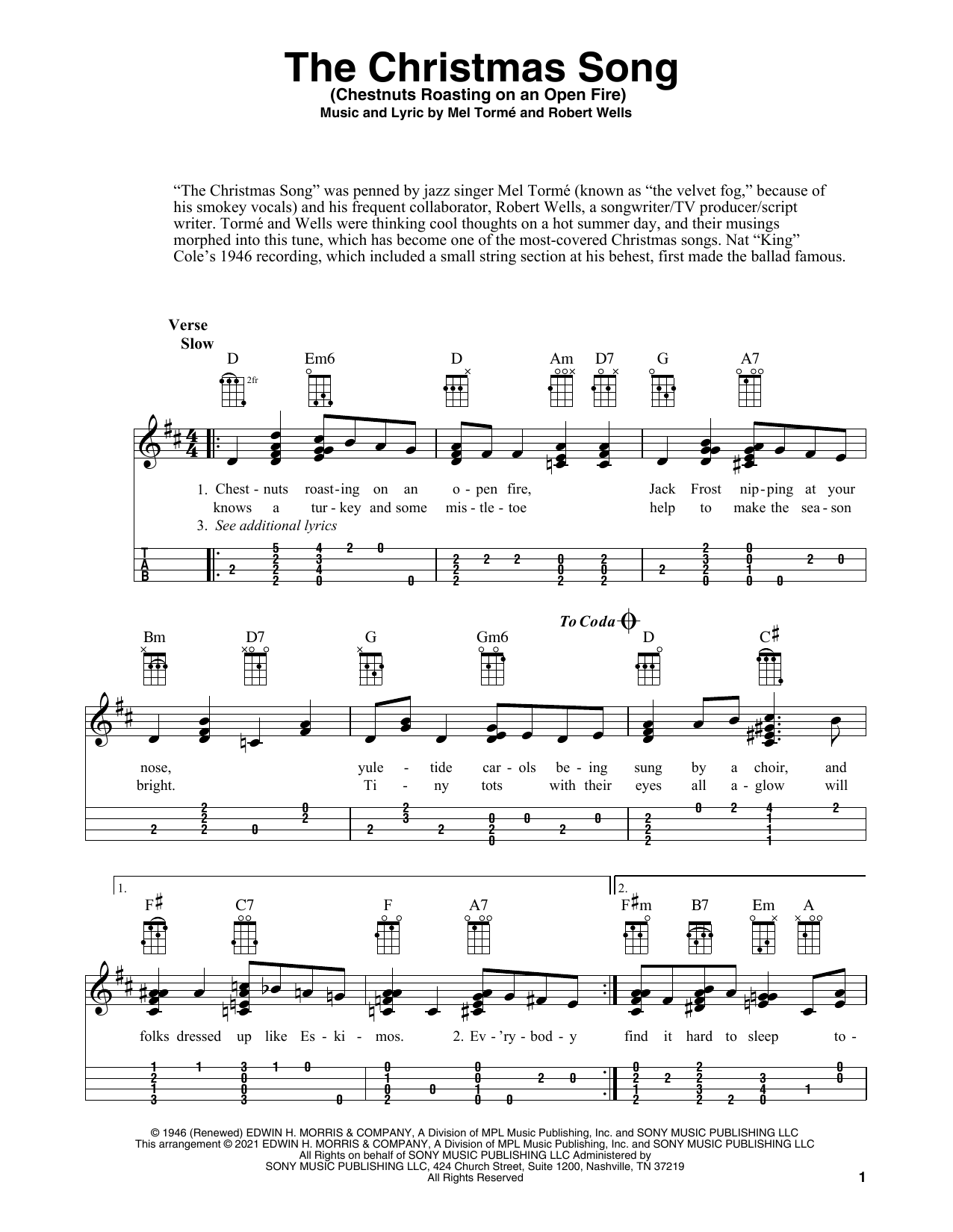Mel Torme The Christmas Song (Chestnuts Roasting On An Open Fire) (arr. Fred Sokolow) sheet music notes and chords arranged for Ukulele