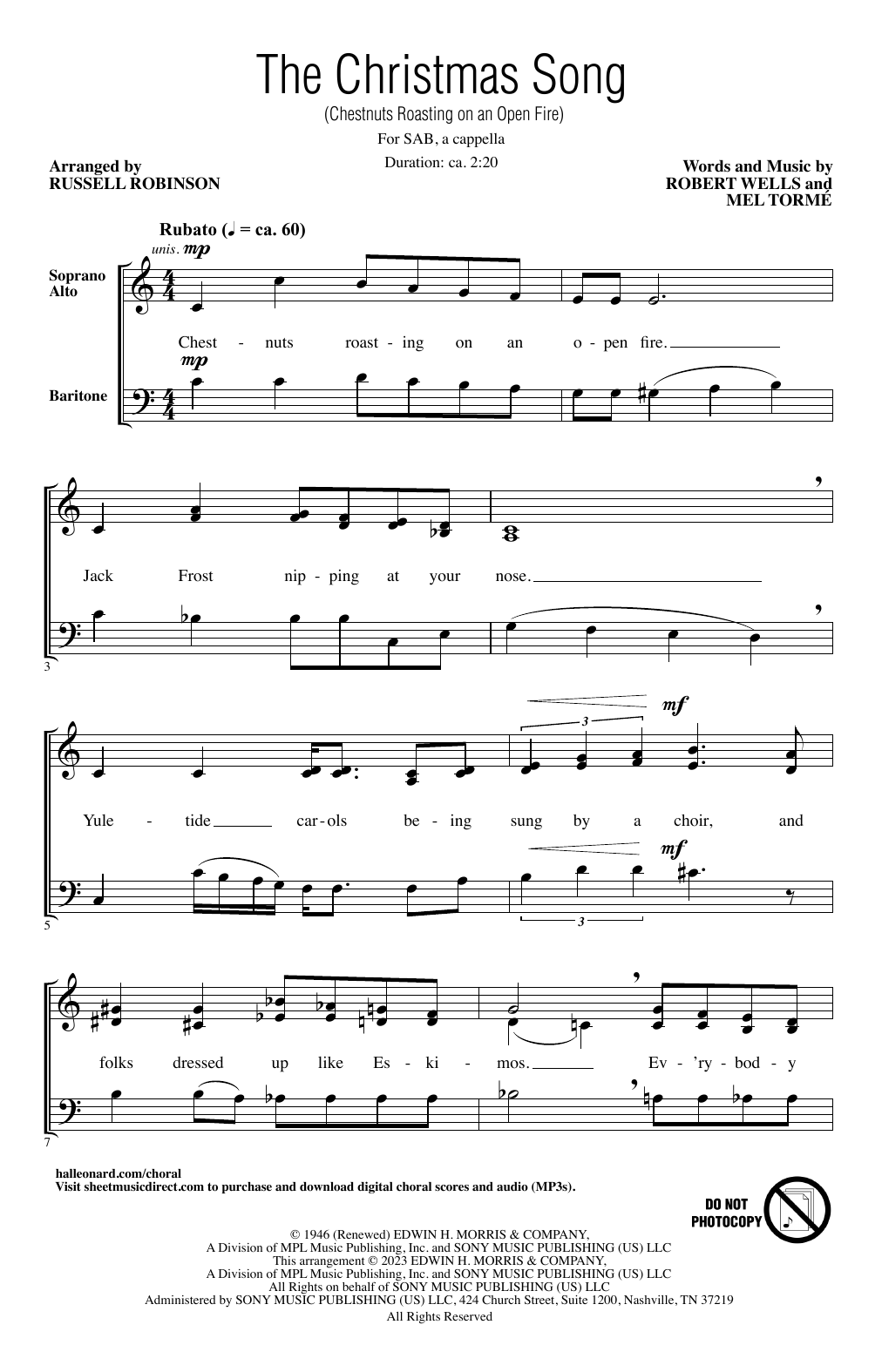 Mel Torme The Christmas Song (Chestnuts Roasting On An Open Fire) (arr. Russell Robinson) sheet music notes and chords arranged for SAB Choir