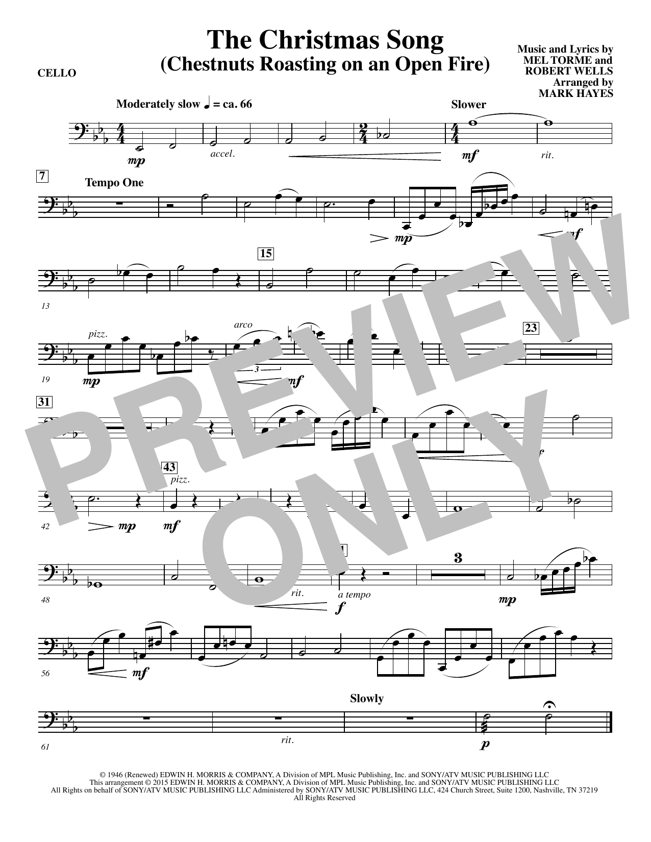 Mel Torme The Christmas Song (Chestnuts Roasting On An Open Fire) - Cello sheet music notes and chords. Download Printable PDF.
