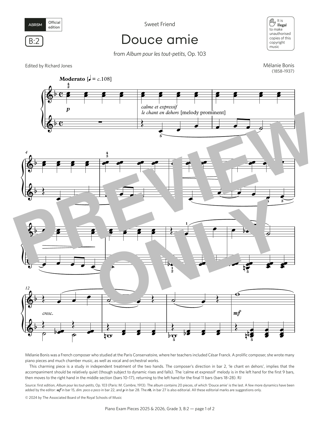 Mélanie Bonis Douce amie (Grade 3, list B2, from the ABRSM Piano Syllabus 2025 & 2026) sheet music notes and chords arranged for Piano Solo