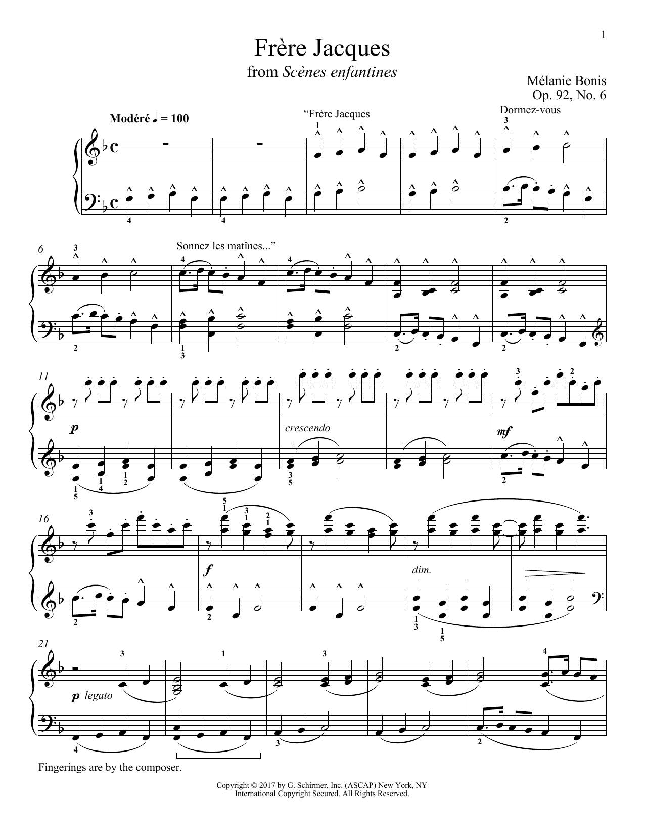 Melanie Bonis Frere Jacques sheet music notes and chords arranged for Piano Solo