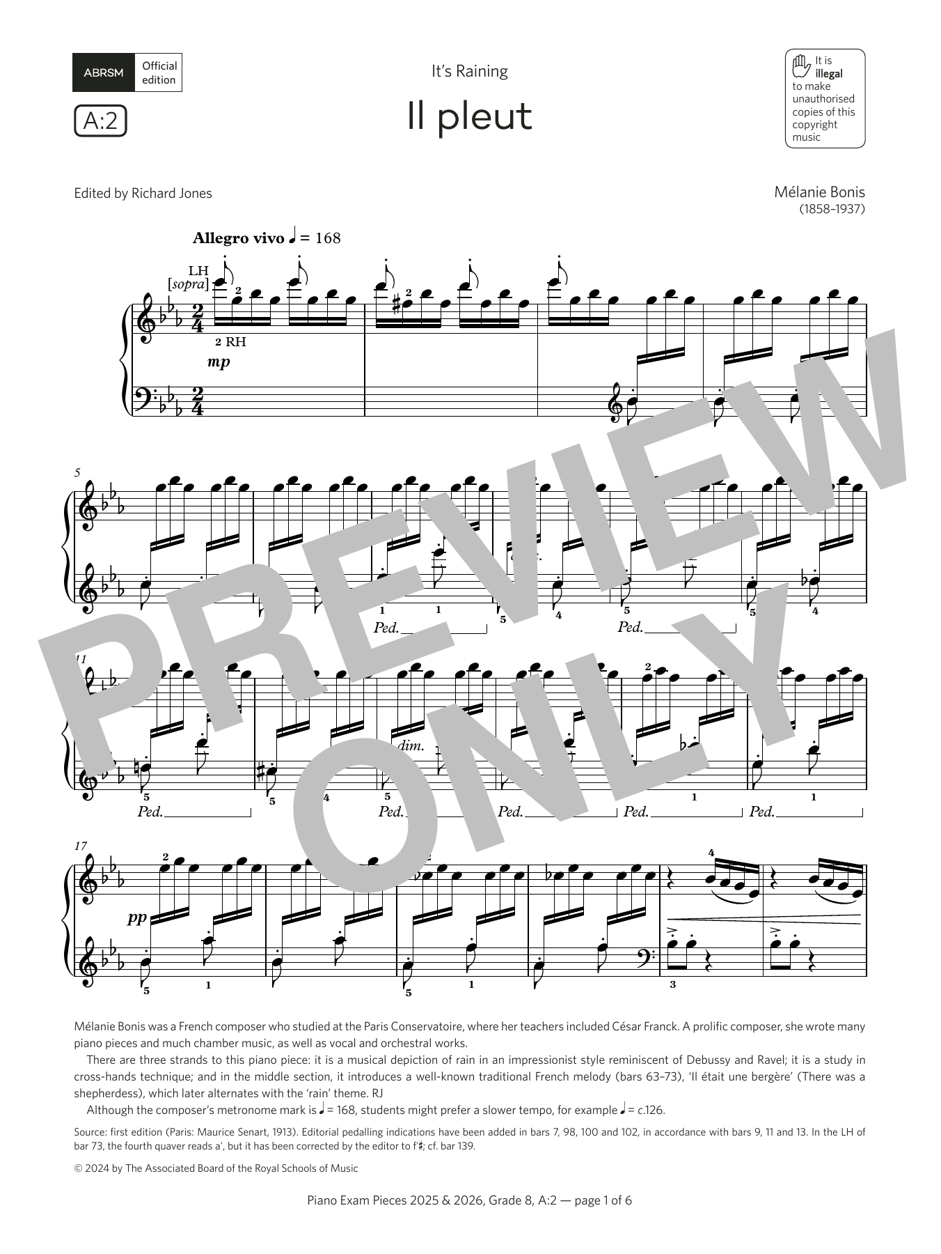 Mélanie Bonis Il pleut (Grade 8, list A2, from the ABRSM Piano Syllabus 2025 & 2026) sheet music notes and chords arranged for Piano Solo