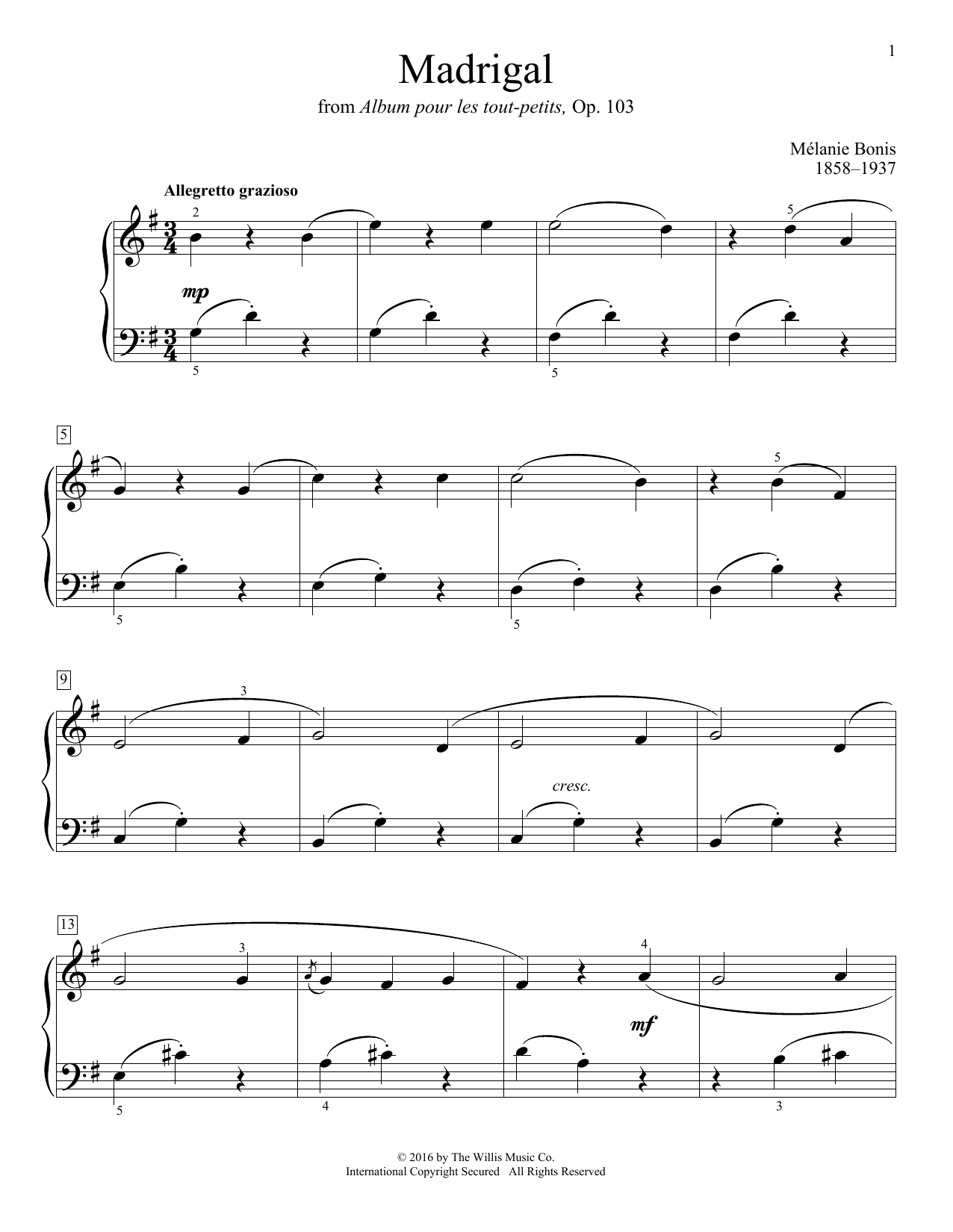 Melanie Bonis Madrigal sheet music notes and chords arranged for Educational Piano