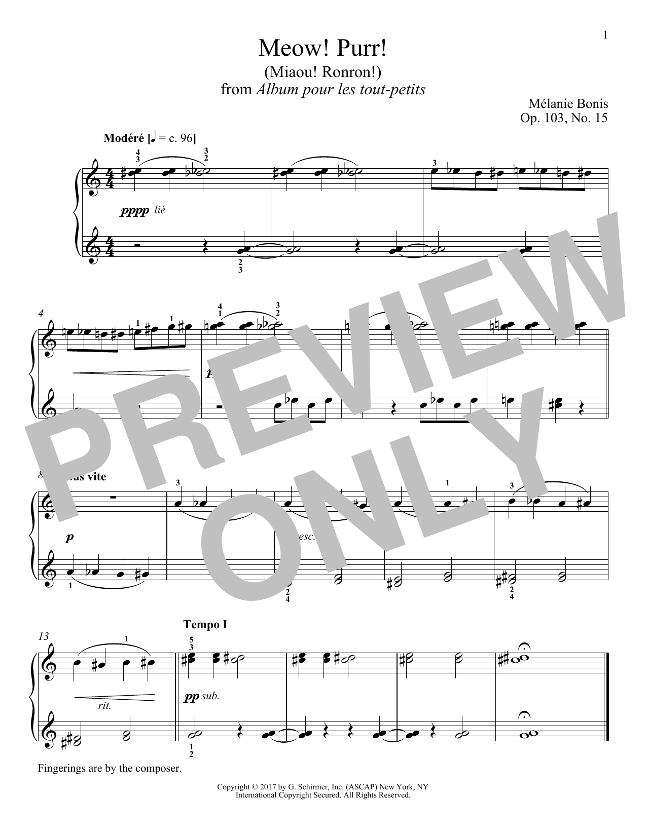 Melanie Bonis Meow! Purr! (Miaou! Ronron!) sheet music notes and chords arranged for Piano Solo