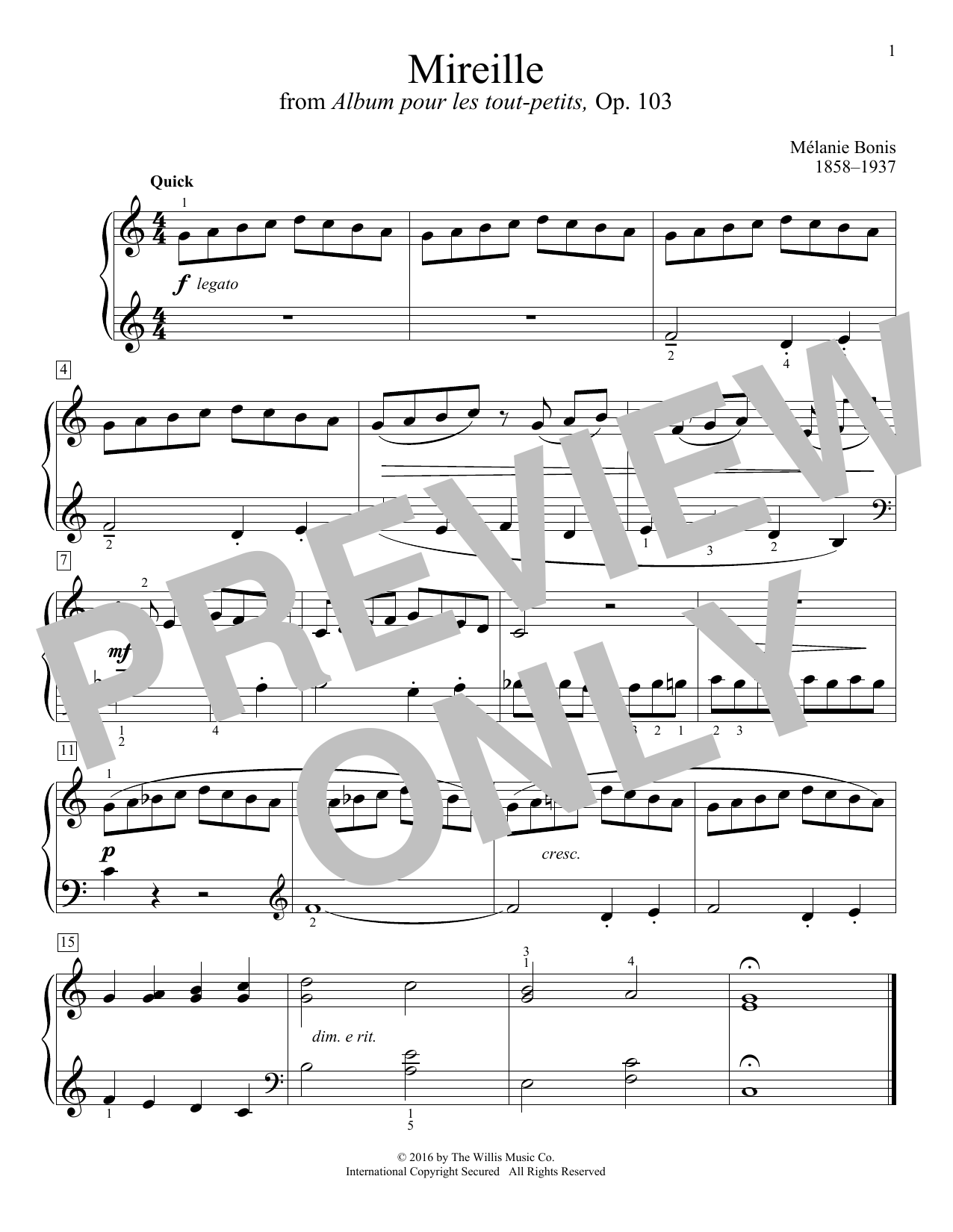 Melanie Bonis Mireille sheet music notes and chords arranged for Educational Piano