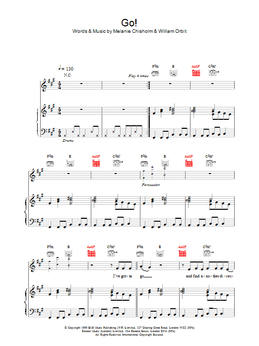 Melanie C Go! sheet music notes and chords arranged for Piano, Vocal & Guitar Chords