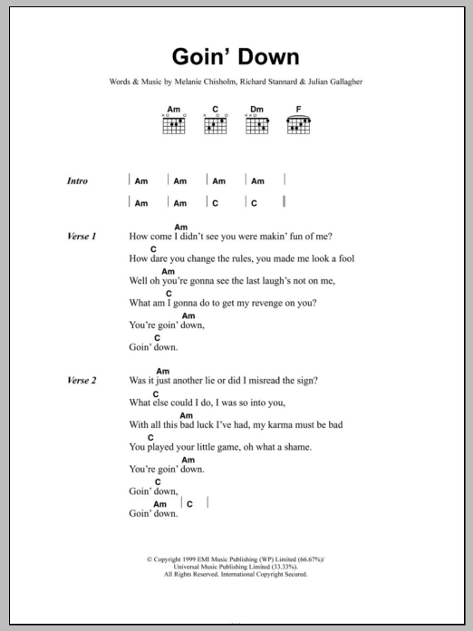Melanie C Goin' Down sheet music notes and chords arranged for Guitar Chords/Lyrics