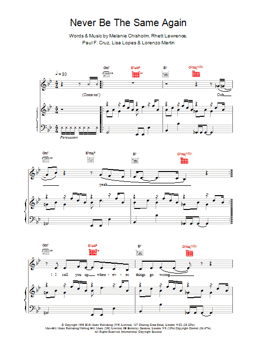 Melanie C Never Be The Same Again sheet music notes and chords arranged for Piano, Vocal & Guitar Chords