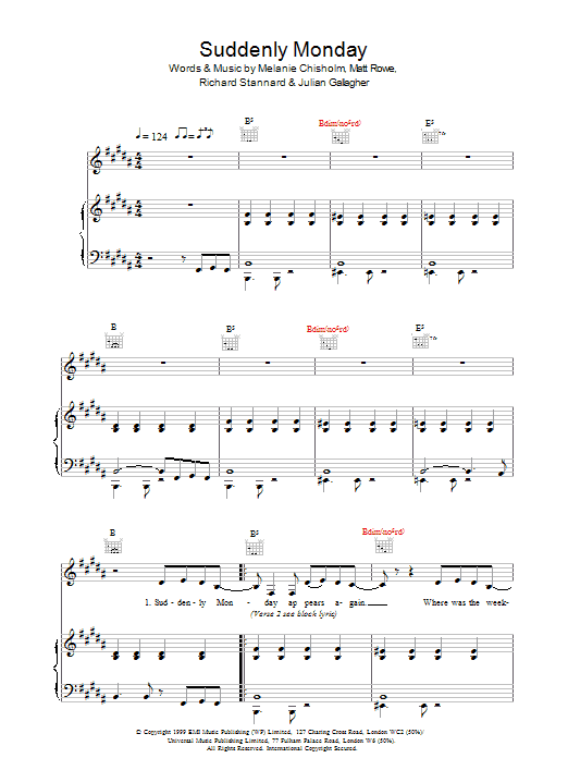 Melanie C Suddenly Monday sheet music notes and chords arranged for Piano, Vocal & Guitar Chords