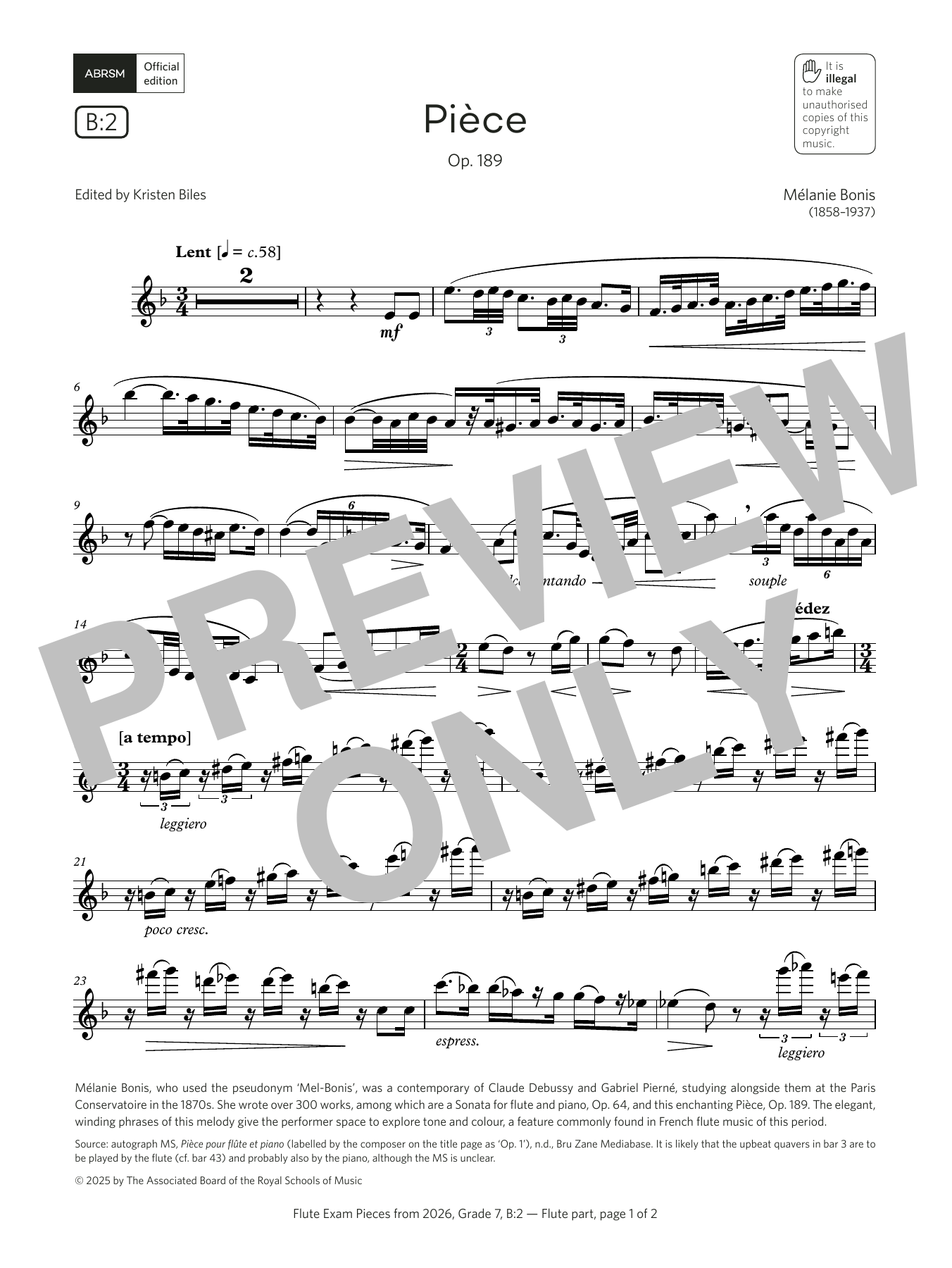 Mélanie Helene Bonis Pièce (Grade 7, list B2, from the ABRSM Flute Syllabus from 2026) sheet music notes and chords arranged for Flute Solo