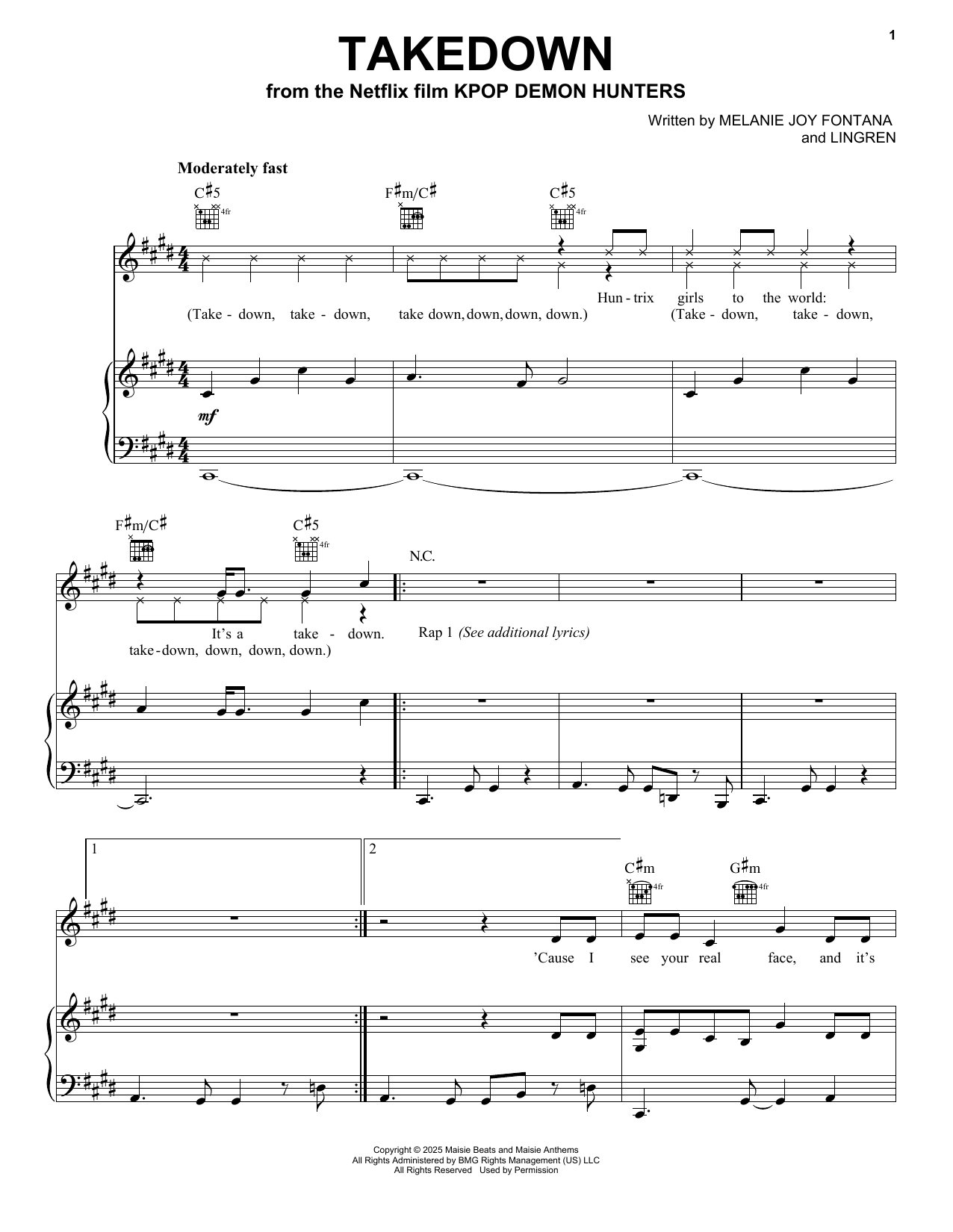 Melanie Joy Fontana Takedown (from KPop Demon Hunters) sheet music notes and chords arranged for Piano, Vocal & Guitar Chords (Right-Hand Melody)