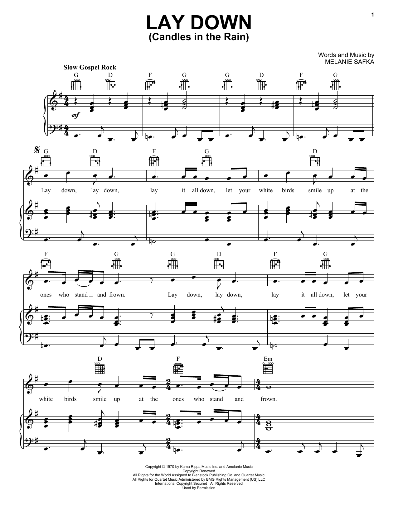 Melanie Lay Down (Candles In The Rain) sheet music notes and chords arranged for Piano, Vocal & Guitar Chords (Right-Hand Melody)