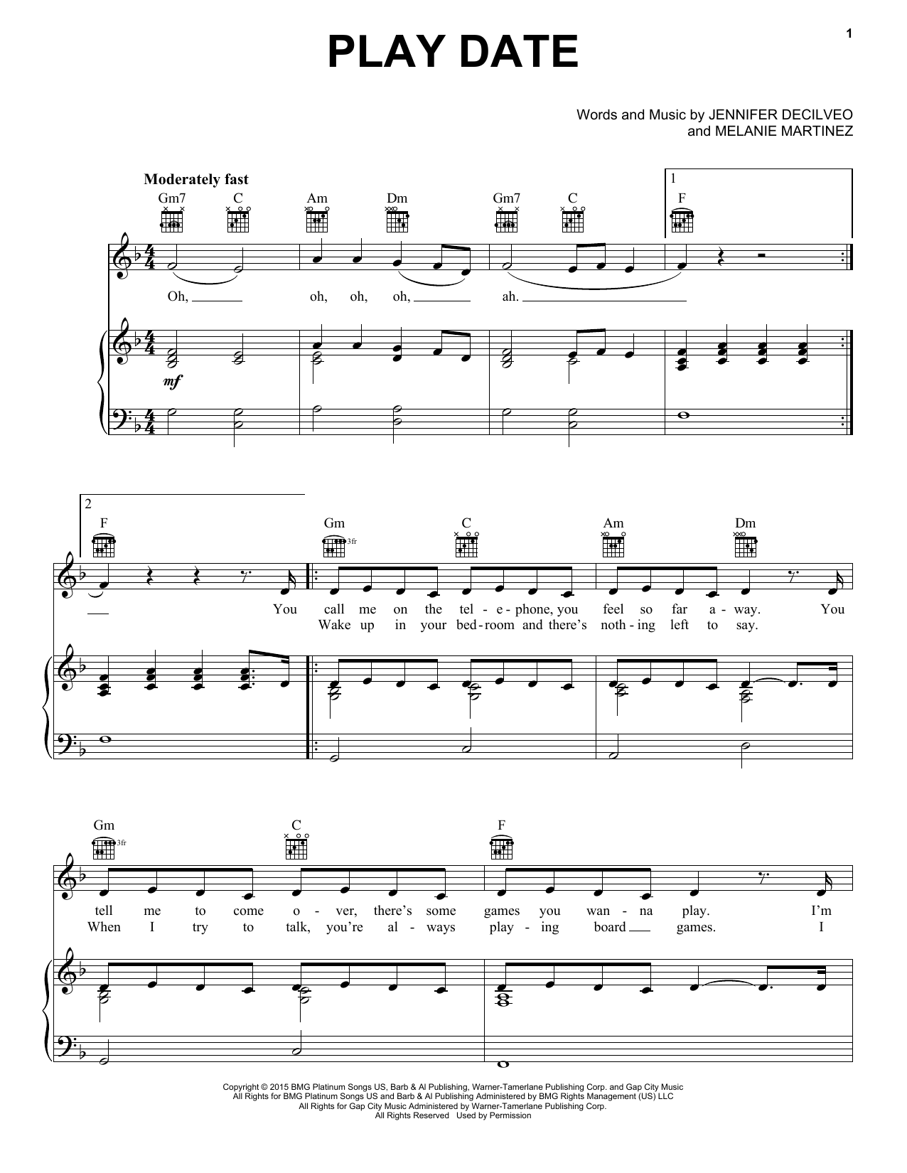 Melanie Martinez Play Date sheet music notes and chords arranged for Piano, Vocal & Guitar Chords (Right-Hand Melody)
