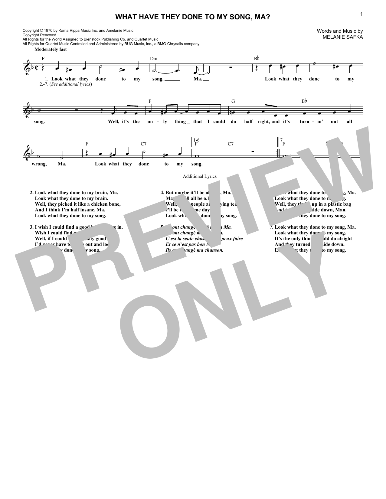 Melanie Safka What Have They Done To My Song, Ma? sheet music notes and chords arranged for Lead Sheet / Fake Book