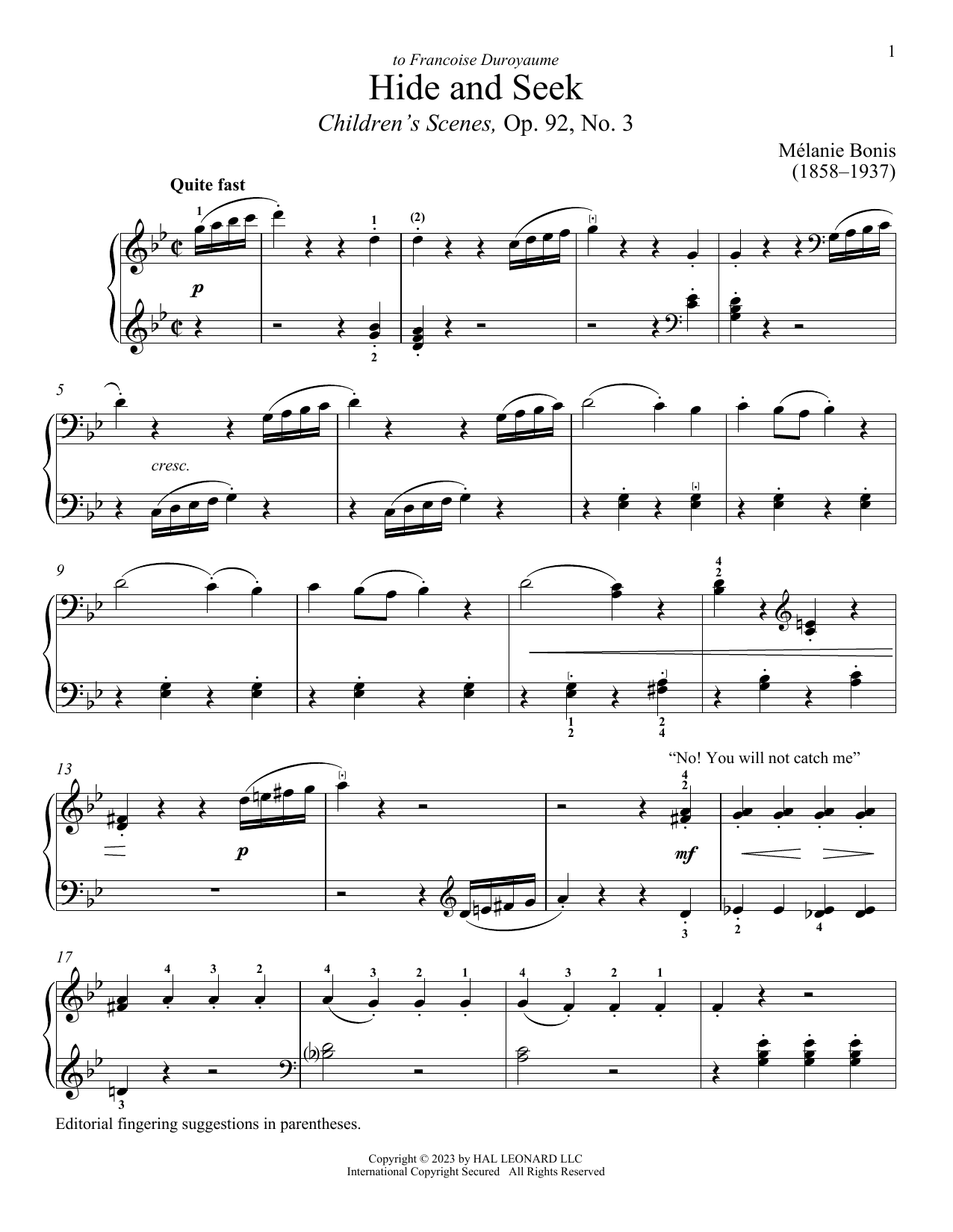 Melanis Bonis Hide and Seek sheet music notes and chords arranged for Piano Solo