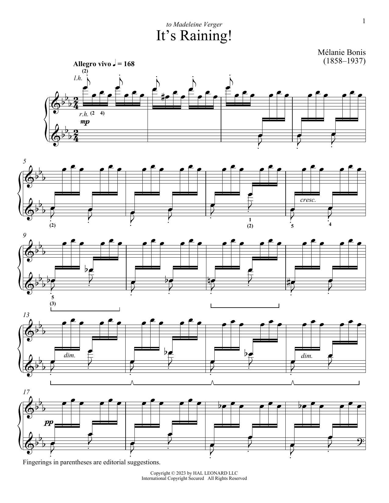 Melanis Bonis It's Raining sheet music notes and chords arranged for Piano Solo