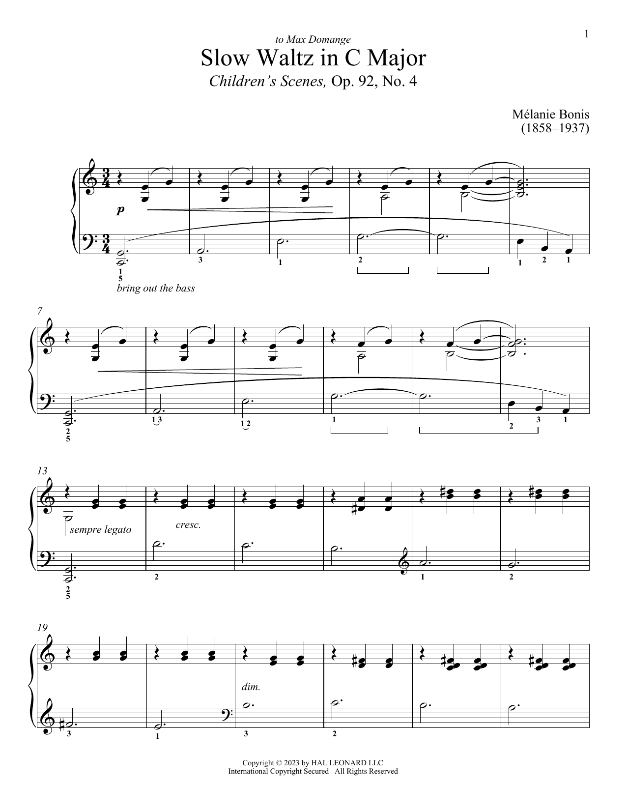 Melanis Bonis Slow Waltz sheet music notes and chords arranged for Piano Solo