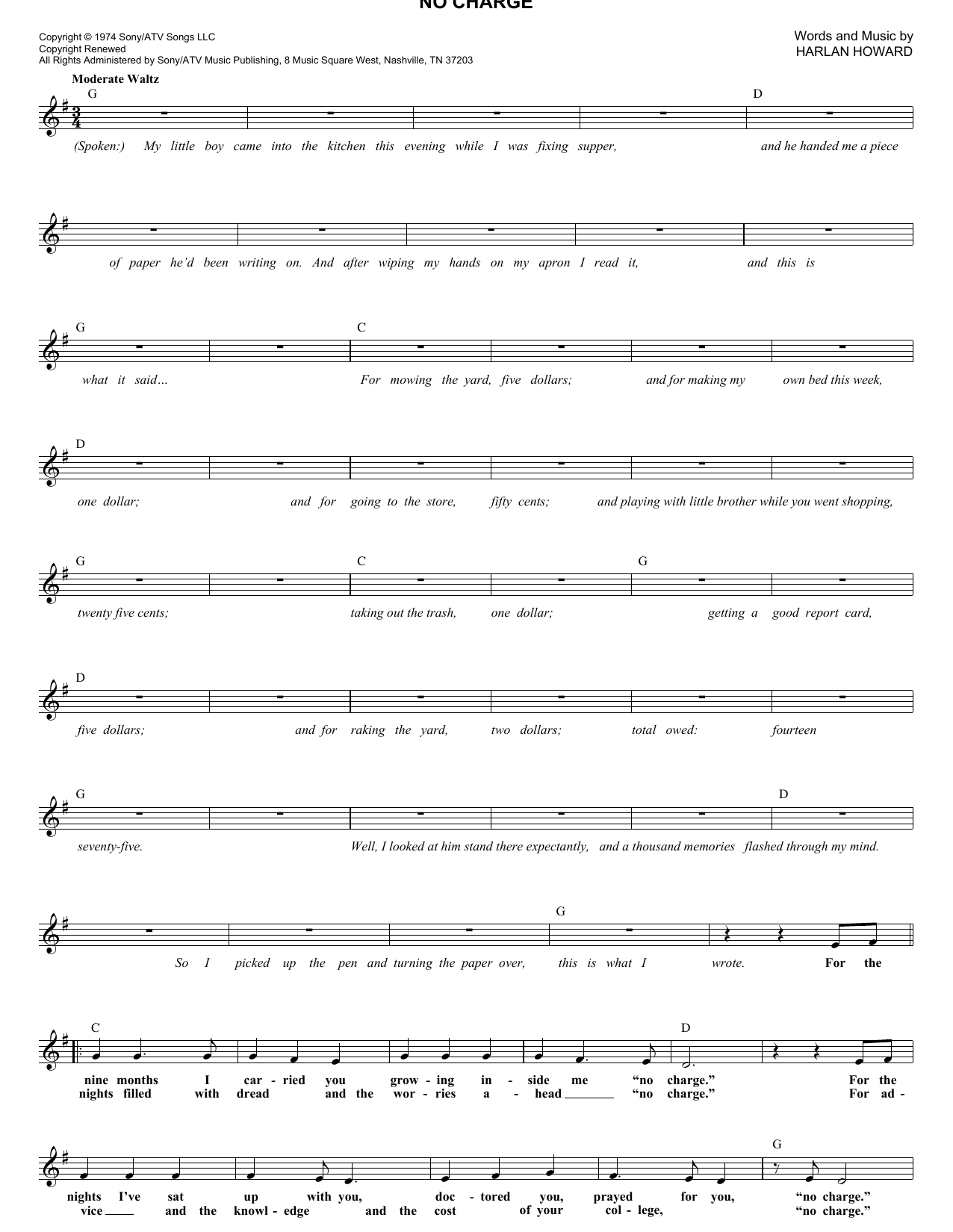 Melba Montgomery No Charge sheet music notes and chords arranged for Lead Sheet / Fake Book