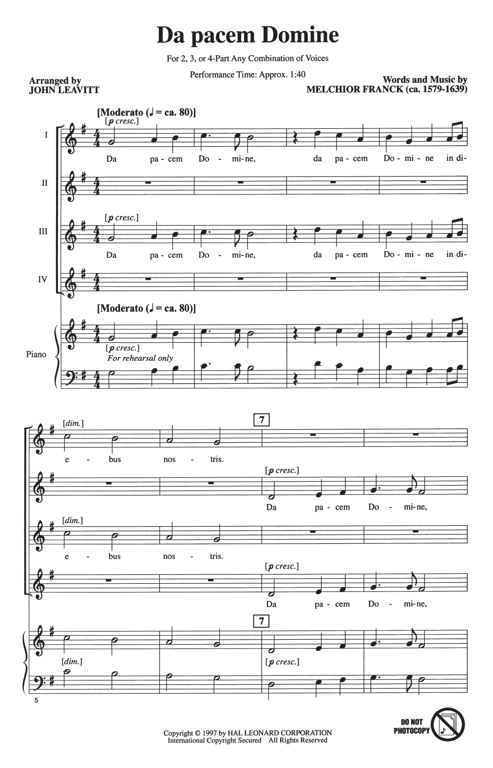 Melchior Franck Da Pacem Domine (arr. John Leavitt) sheet music notes and chords arranged for 4-Part Choir