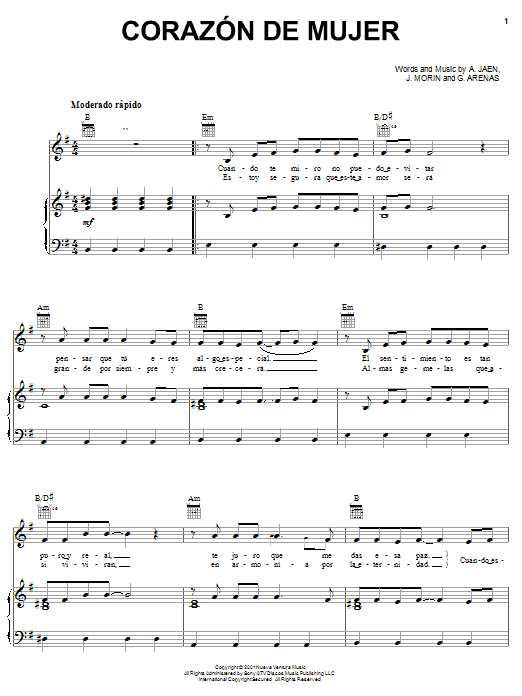 Melina Leon Corazon De Mujer sheet music notes and chords arranged for Piano, Vocal & Guitar Chords (Right-Hand Melody)