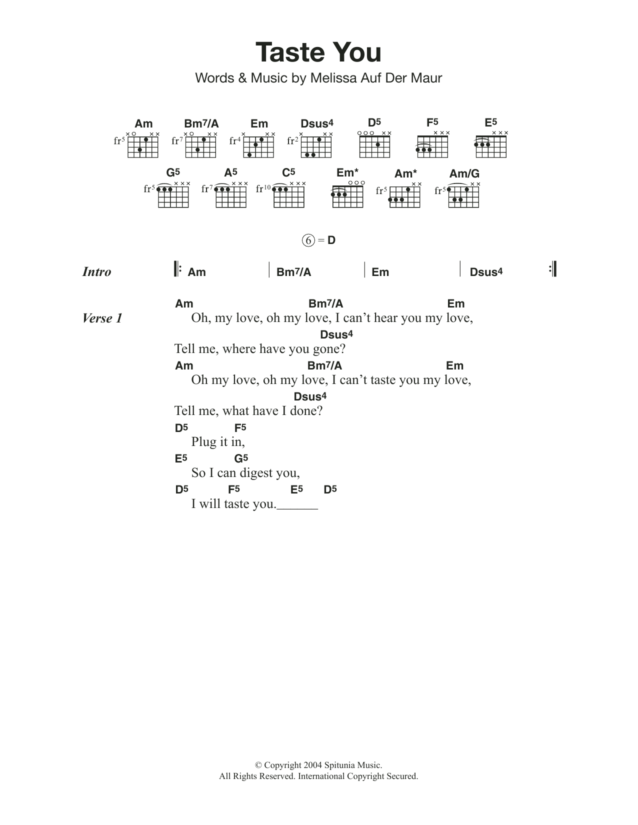 Melissa Auf Der Maur Taste You sheet music notes and chords arranged for Guitar Chords/Lyrics