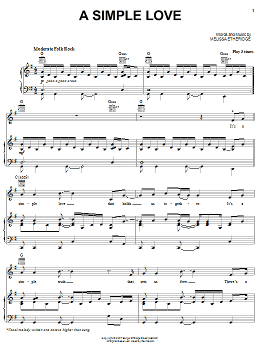 Melissa Etheridge A Simple Love sheet music notes and chords arranged for Piano, Vocal & Guitar Chords (Right-Hand Melody)