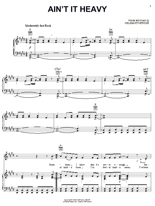 Melissa Etheridge Ain't It Heavy sheet music notes and chords arranged for Piano, Vocal & Guitar Chords (Right-Hand Melody)