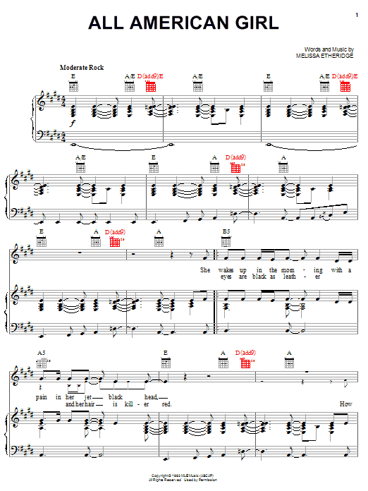 Melissa Etheridge All American Girl sheet music notes and chords arranged for Piano, Vocal & Guitar Chords (Right-Hand Melody)