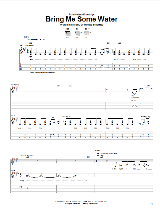 Melissa Etheridge Bring Me Some Water sheet music notes and chords arranged for Guitar Tab