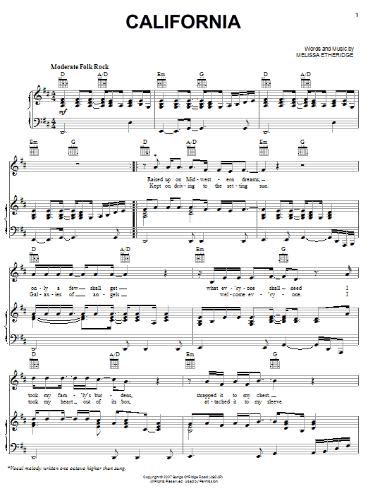 Melissa Etheridge California sheet music notes and chords arranged for Piano, Vocal & Guitar Chords (Right-Hand Melody)
